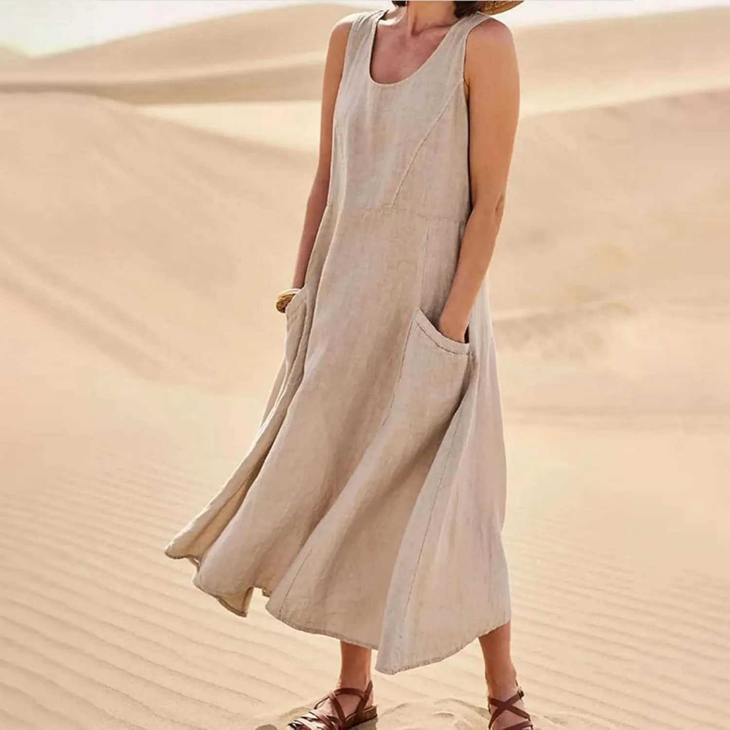 Maxi Dress for Women,2023 Spring Summer Cotton Linen Boho Casual Fashion Sleeveless Dress for Holiday