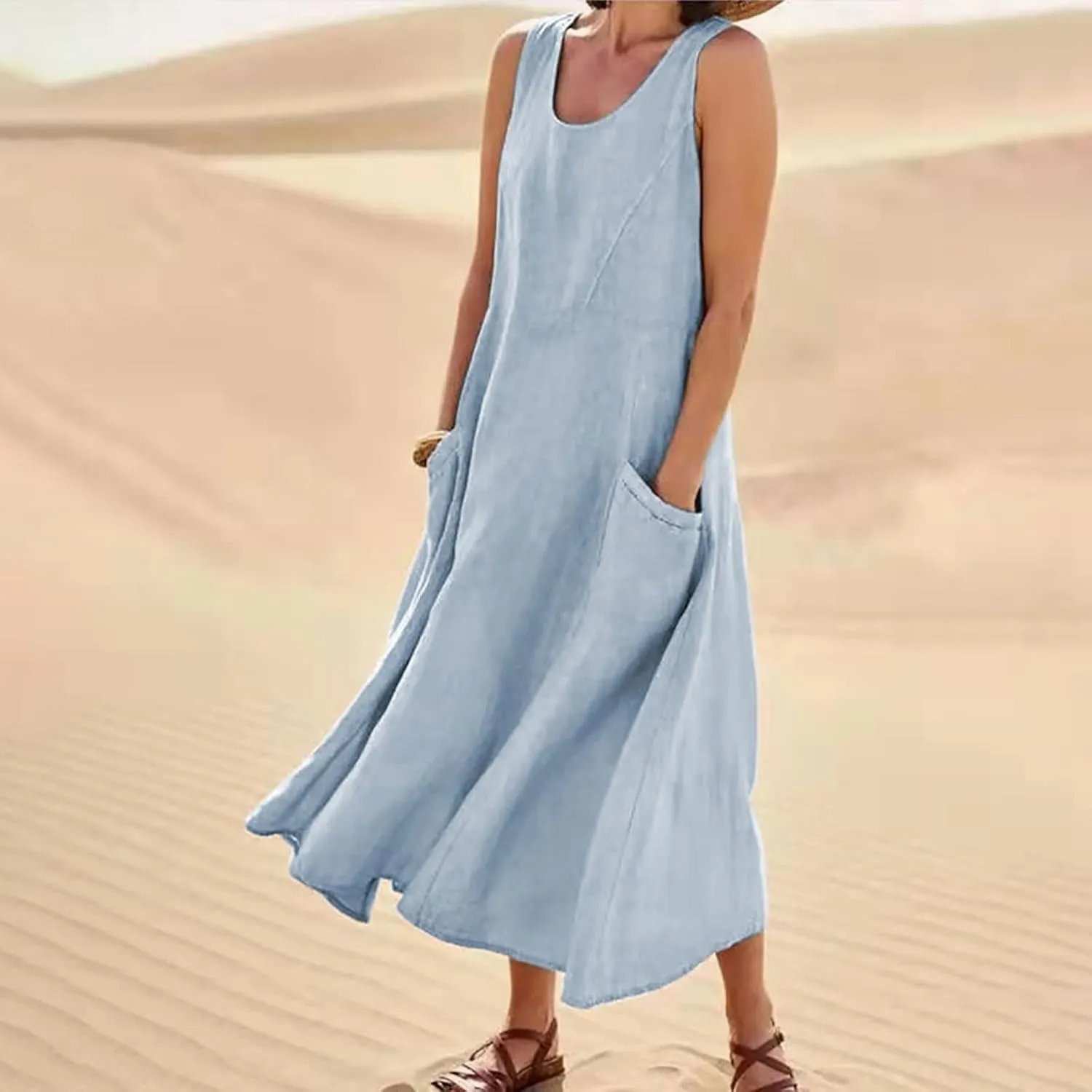 Maxi Dress for Women,2023 Spring Summer Cotton Linen Boho Casual Fashion Sleeveless Dress for Holiday