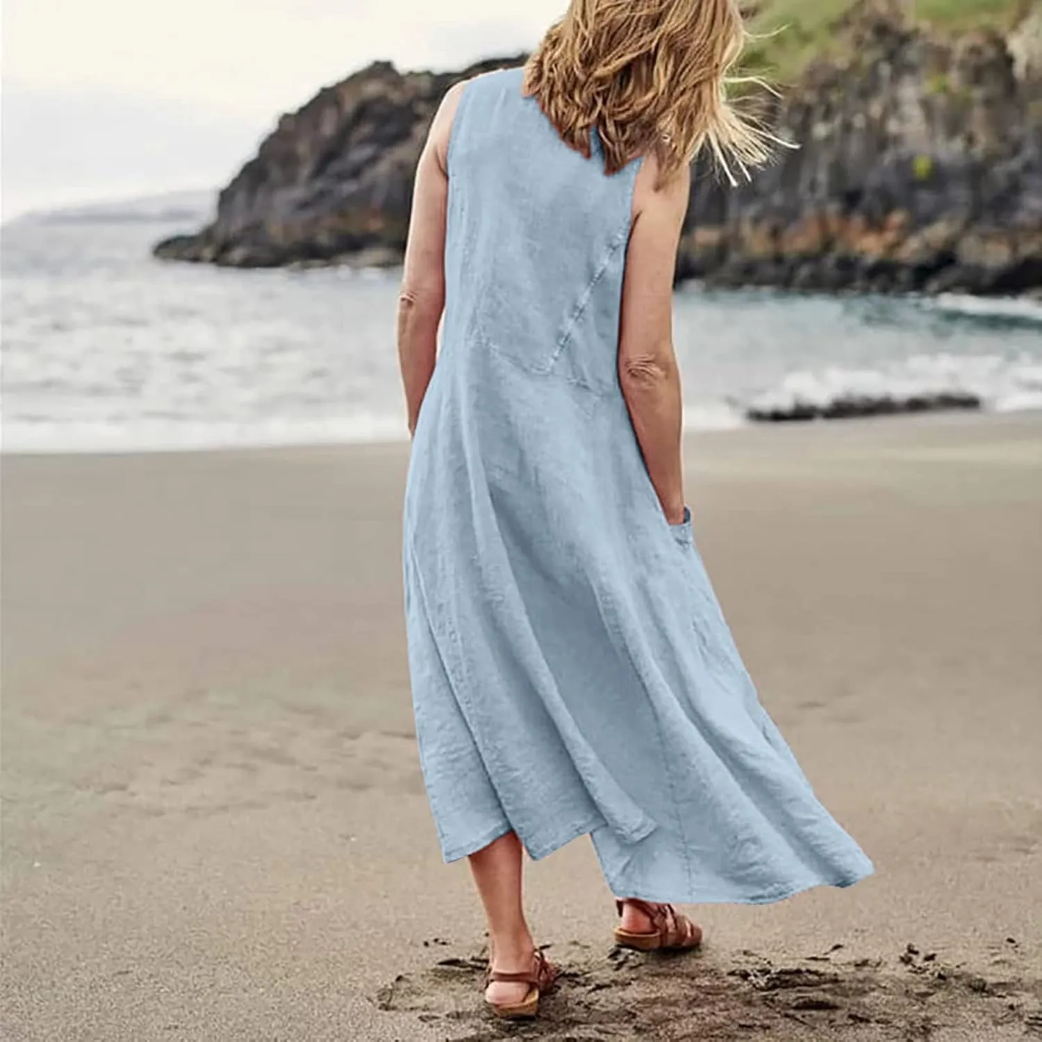 Maxi Dress for Women,2023 Spring Summer Cotton Linen Boho Casual Fashion Sleeveless Dress for Holiday