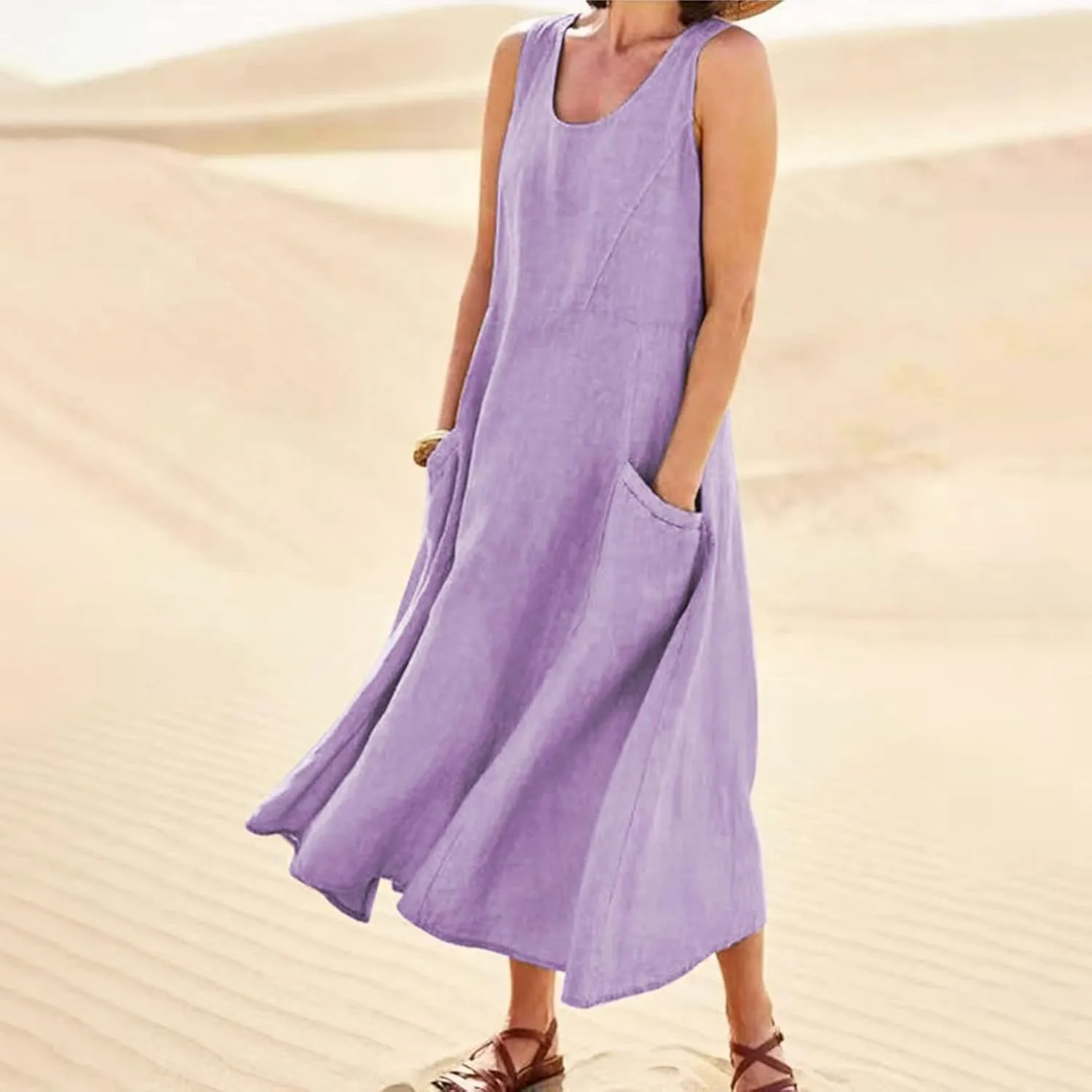 Maxi Dress for Women,2023 Spring Summer Cotton Linen Boho Casual Fashion Sleeveless Dress for Holiday