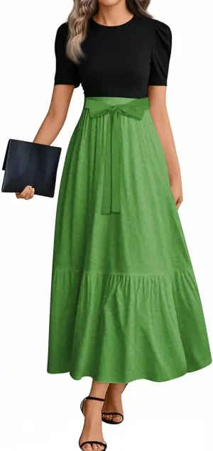 Maxi Dresses for Women,2025 Spring Summer Elegant Crewneck Short Sleeve Beach Dress Trendy Floral Flowy Boho Dress