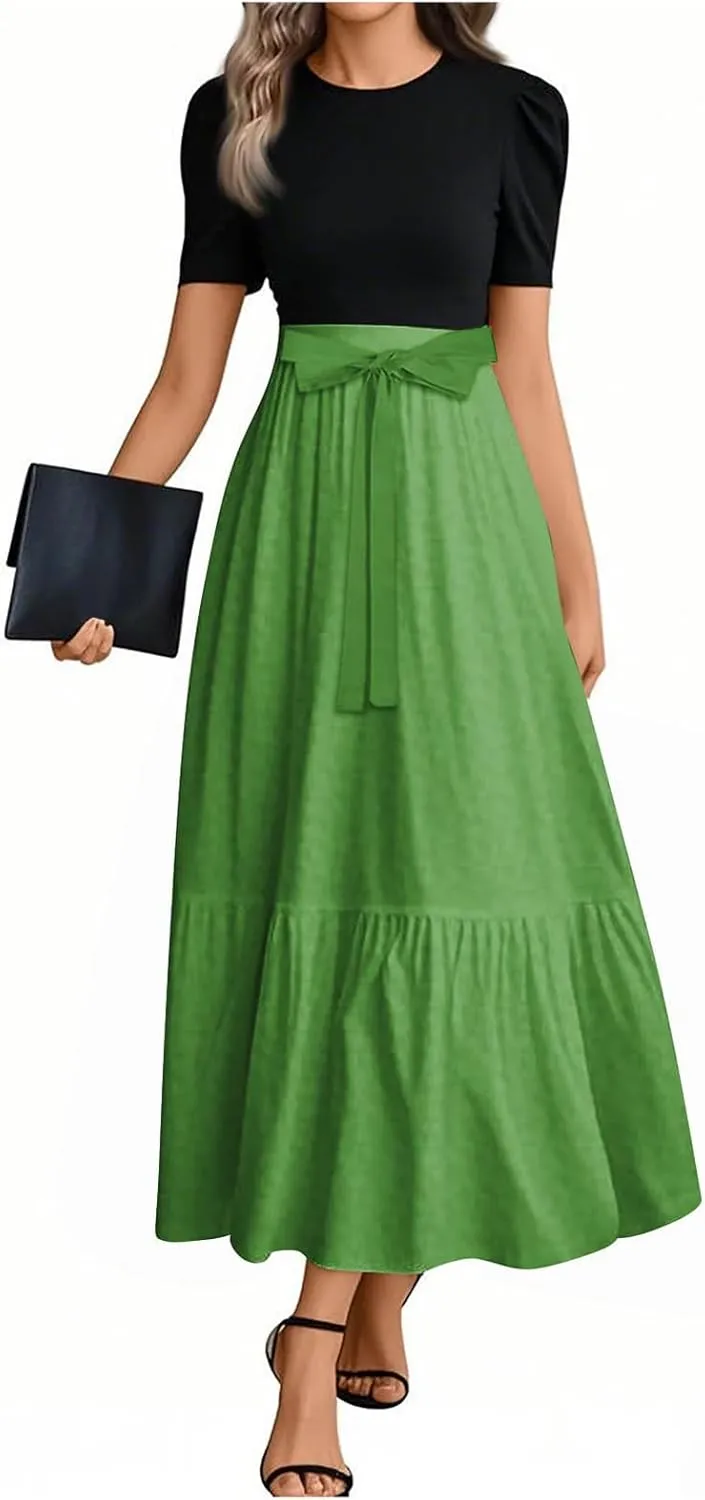 Maxi Dresses for Women,2025 Spring Summer Elegant Crewneck Short Sleeve Beach Dress Trendy Floral Flowy Boho Dress