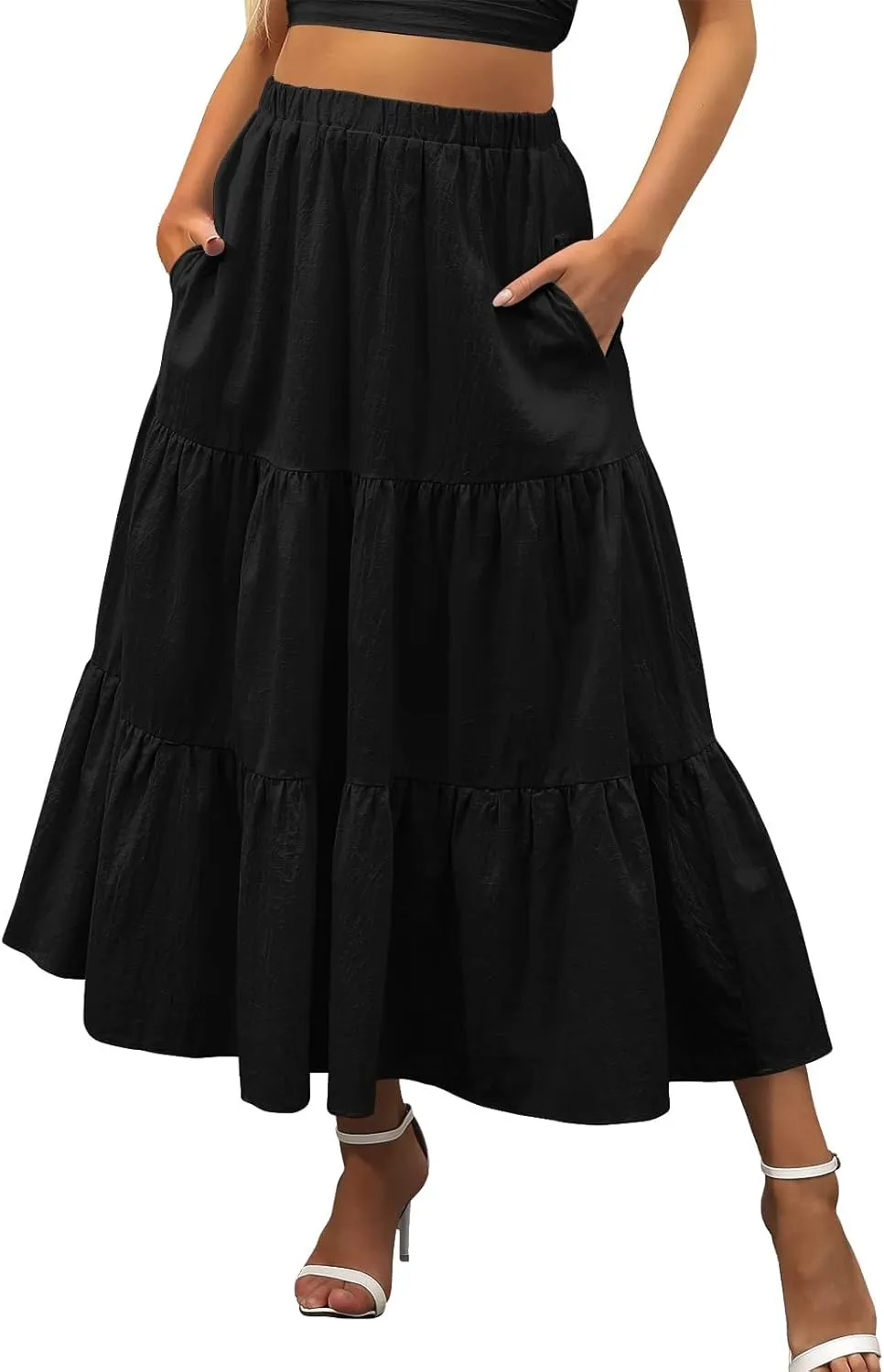 Maxi Skirts for Women Pleated Long Midi Skirt with Pockets Casual Summer High Waisted Flowy Trendy Boho A Line Skirts