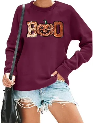 MAXIMGR Halloween Sweatshirt Women Boo Sequin Sweatshirts Halloween Pumpkin Graphic Long Sleeve Fall Pullover Tops