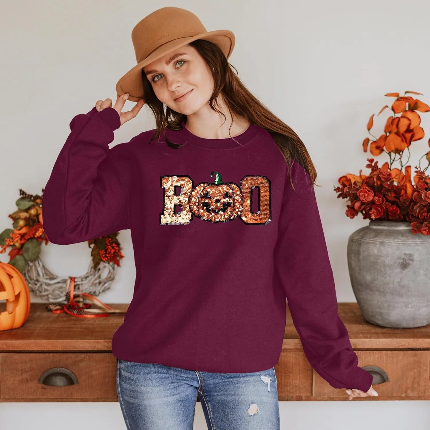 MAXIMGR Halloween Sweatshirt Women Boo Sequin Sweatshirts Halloween Pumpkin Graphic Long Sleeve Fall Pullover Tops