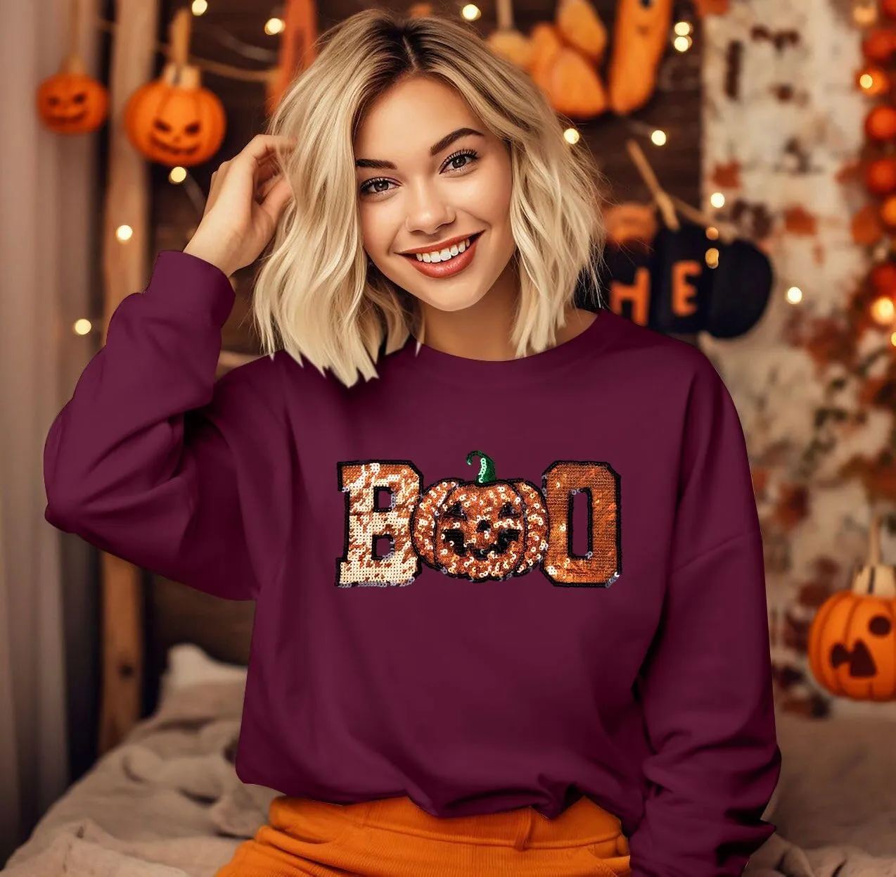 MAXIMGR Halloween Sweatshirt Women Boo Sequin Sweatshirts Halloween Pumpkin Graphic Long Sleeve Fall Pullover Tops