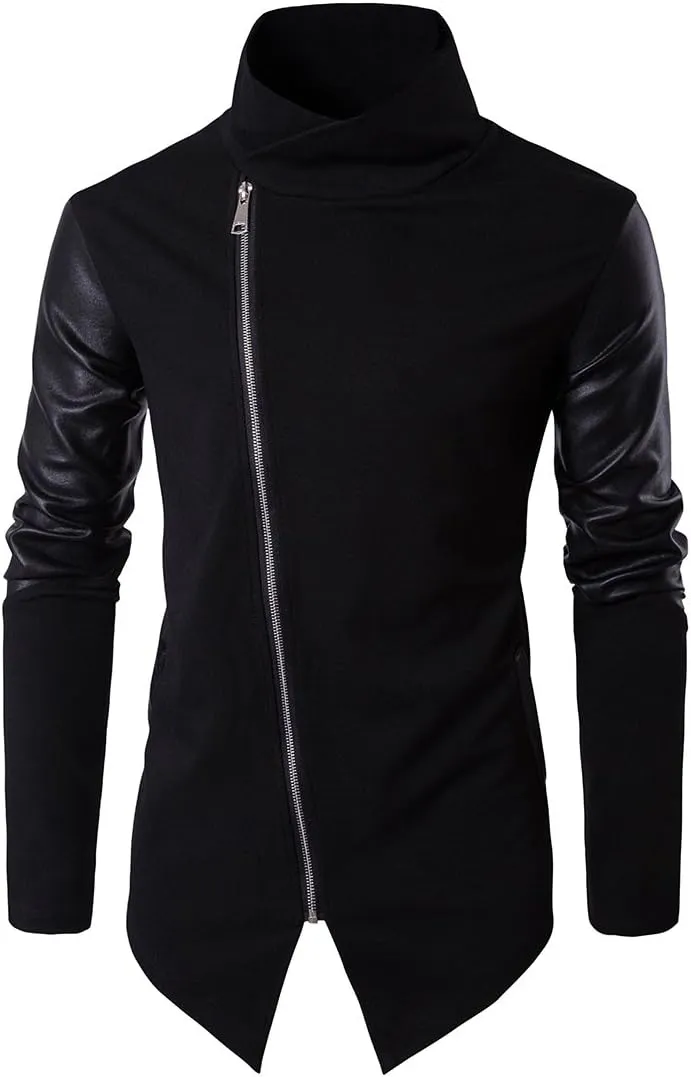 Men Cool Casual Long Sleeve Oblique Zipper Hip Hop Hoodie Fashion Slim Fit Pullover Lightweight Black Sweatshirt