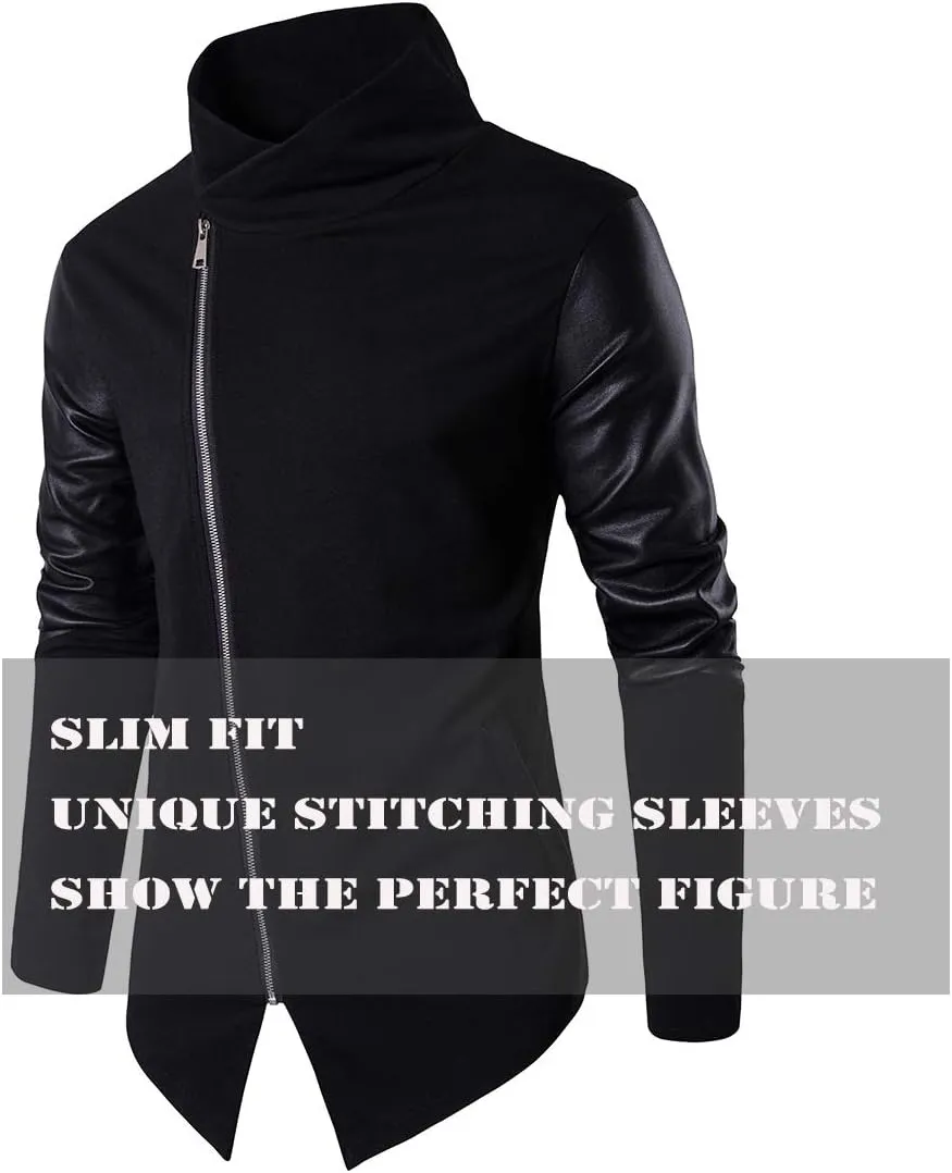 Men Cool Casual Long Sleeve Oblique Zipper Hip Hop Hoodie Fashion Slim Fit Pullover Lightweight Black Sweatshirt