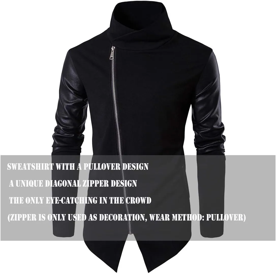 Men Cool Casual Long Sleeve Oblique Zipper Hip Hop Hoodie Fashion Slim Fit Pullover Lightweight Black Sweatshirt