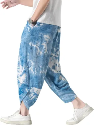 Men Harem Pants Summer Anlke-Lenght Pants Streetwear Ink Splash Wide Leg Pants