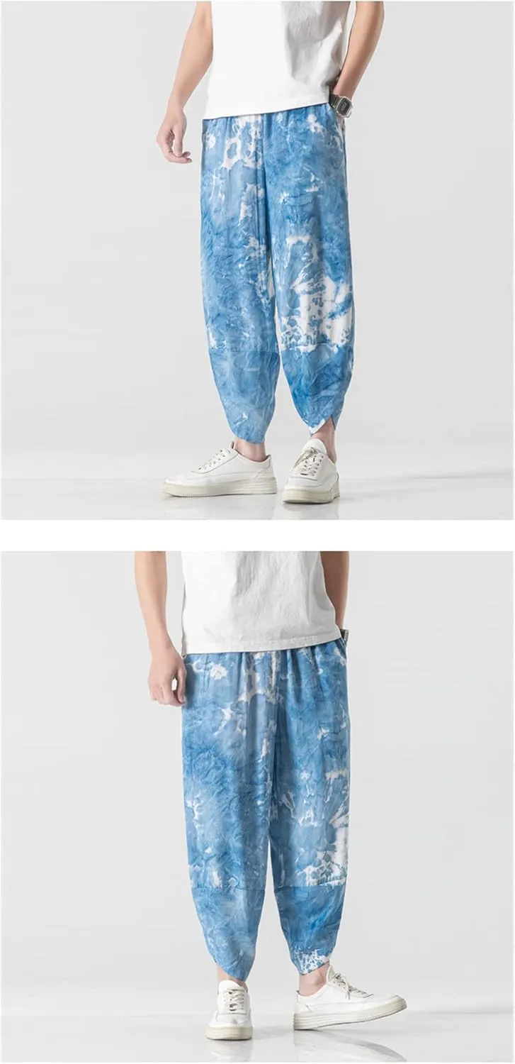 Men Harem Pants Summer Anlke-Lenght Pants Streetwear Ink Splash Wide Leg Pants