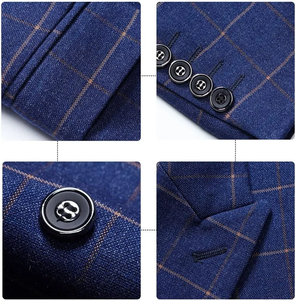 Mens Blue Slim Fit 3 Piece Checked Suits Double Breasted Vintage Fashion