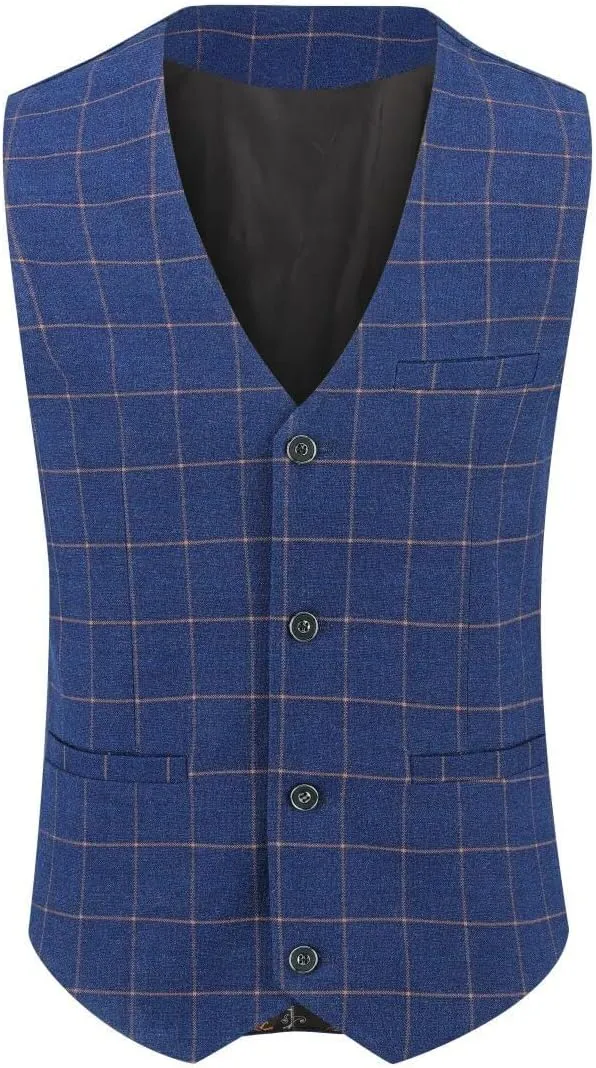 Mens Blue Slim Fit 3 Piece Checked Suits Double Breasted Vintage Fashion