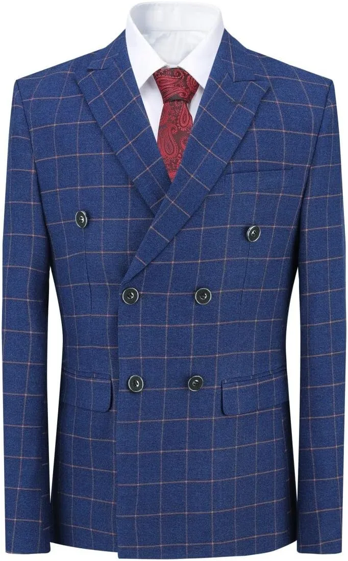 Mens Blue Slim Fit 3 Piece Checked Suits Double Breasted Vintage Fashion