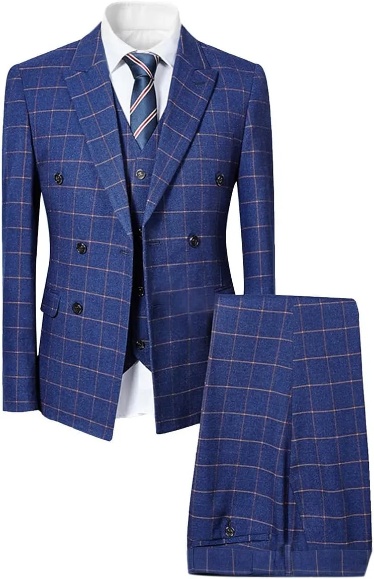 Mens Blue Slim Fit 3 Piece Checked Suits Double Breasted Vintage Fashion