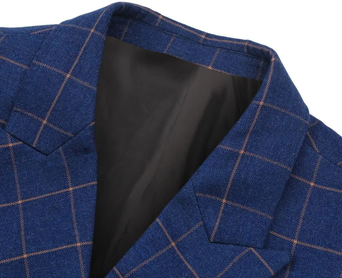 Mens Blue Slim Fit 3 Piece Checked Suits Double Breasted Vintage Fashion