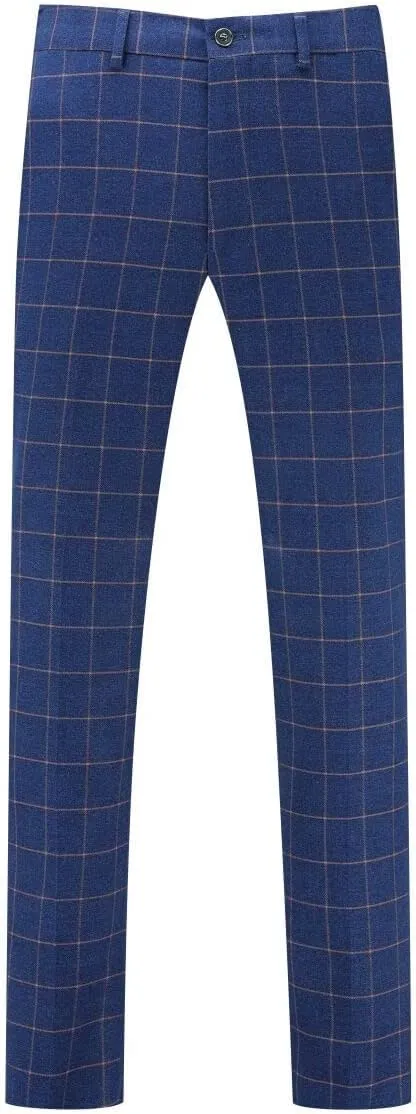 Mens Blue Slim Fit 3 Piece Checked Suits Double Breasted Vintage Fashion