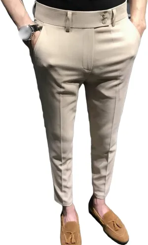 Men's Chino Flat-Front Slim-Fit Pant Stretch Business Suit Pants Comfy Casual Straight Pants (32,Khaki)