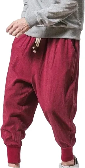 Mens Cotton Linen Harem Pants Streetwear Joggers Loose Drop-Crotch Casual Trousers Sweatpants