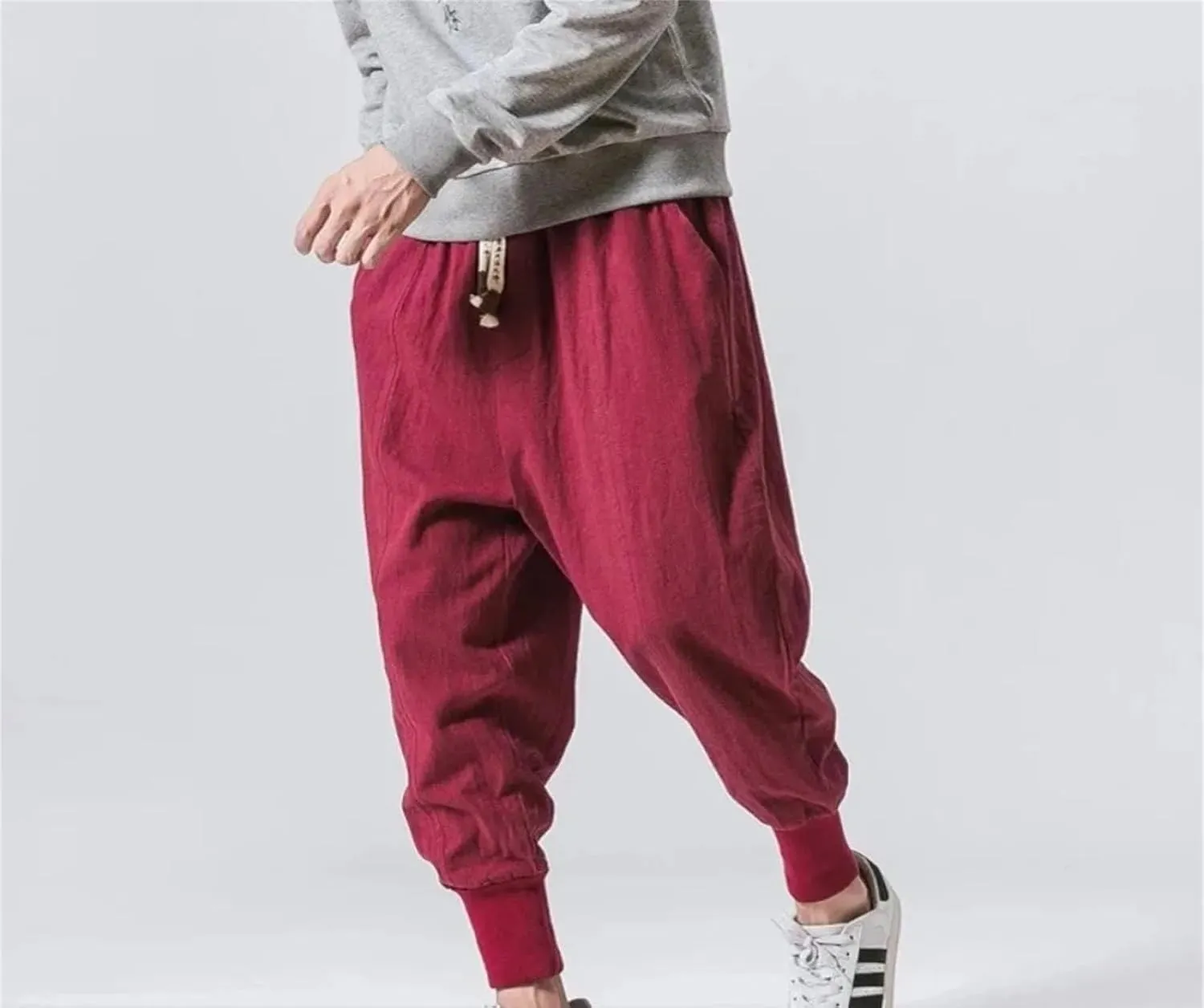Mens Cotton Linen Harem Pants Streetwear Joggers Loose Drop-Crotch Casual Trousers Sweatpants