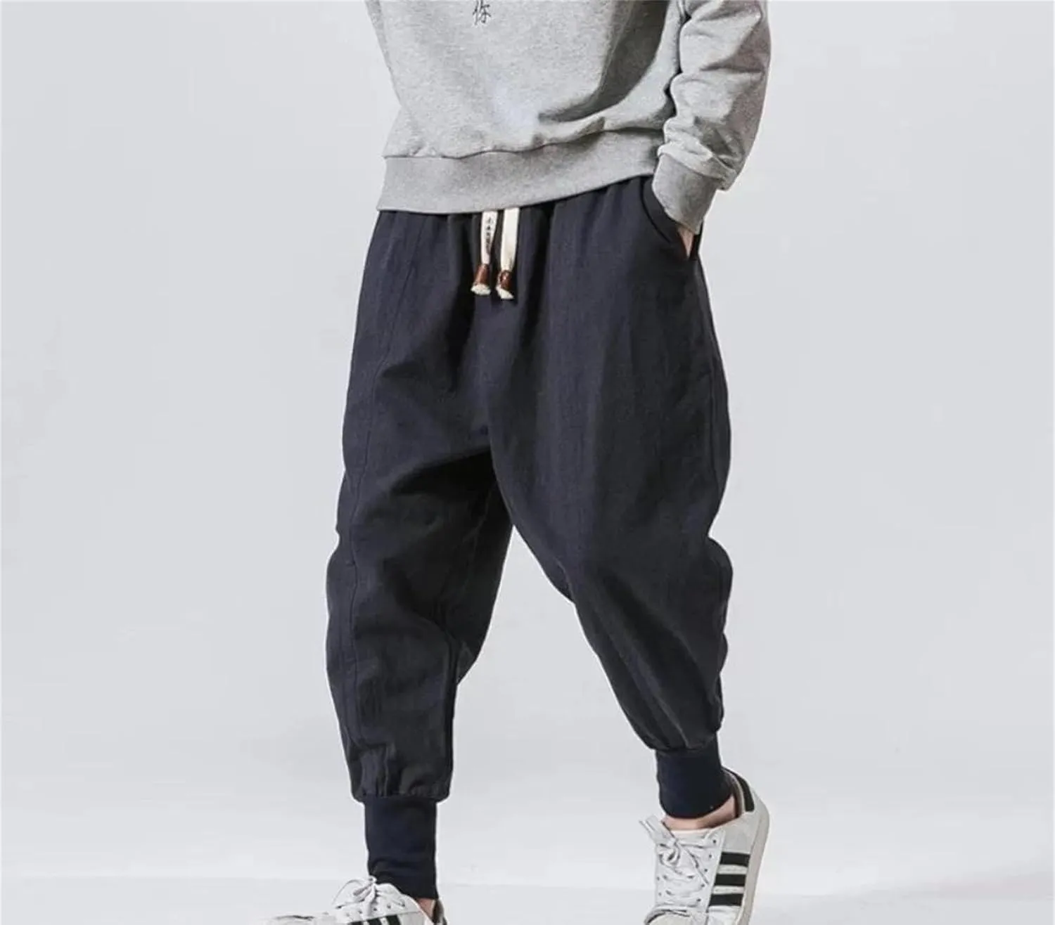 Mens Cotton Linen Harem Pants Streetwear Joggers Loose Drop-Crotch Casual Trousers Sweatpants