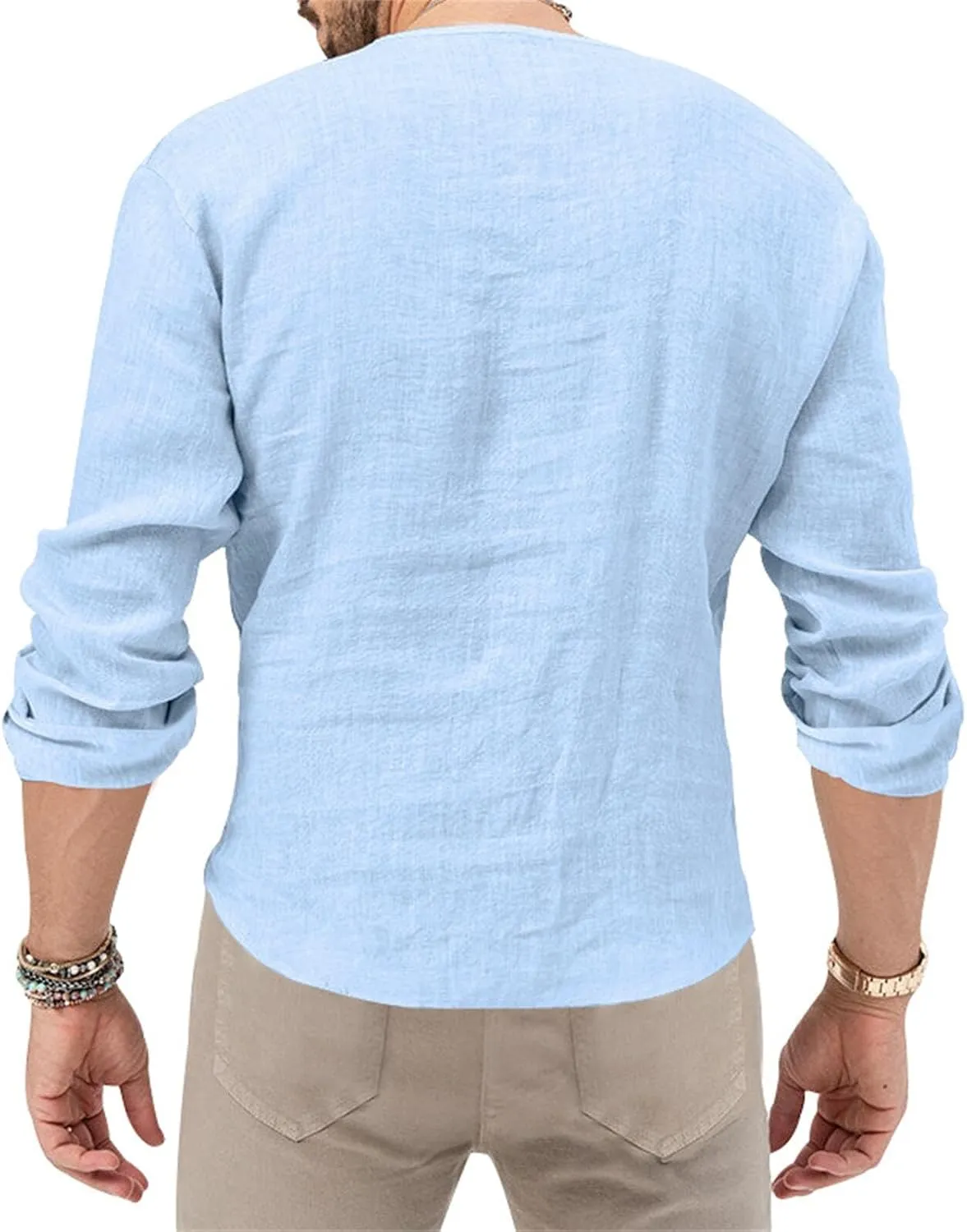 Mens Linen Henley Shirts Long Sleeve Deep V Neck T-Shirts Slim Fit Casual Solid Tees Classic Hippie Comfy Soft Tops