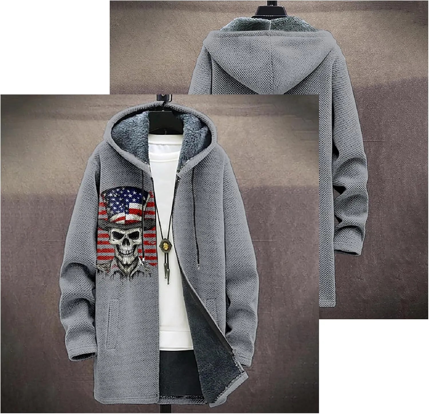Mens Long Cardigan Hoodies Color Block Hooded Jacket Horse Print Open front Sweater Hoodie with Pockets Coat