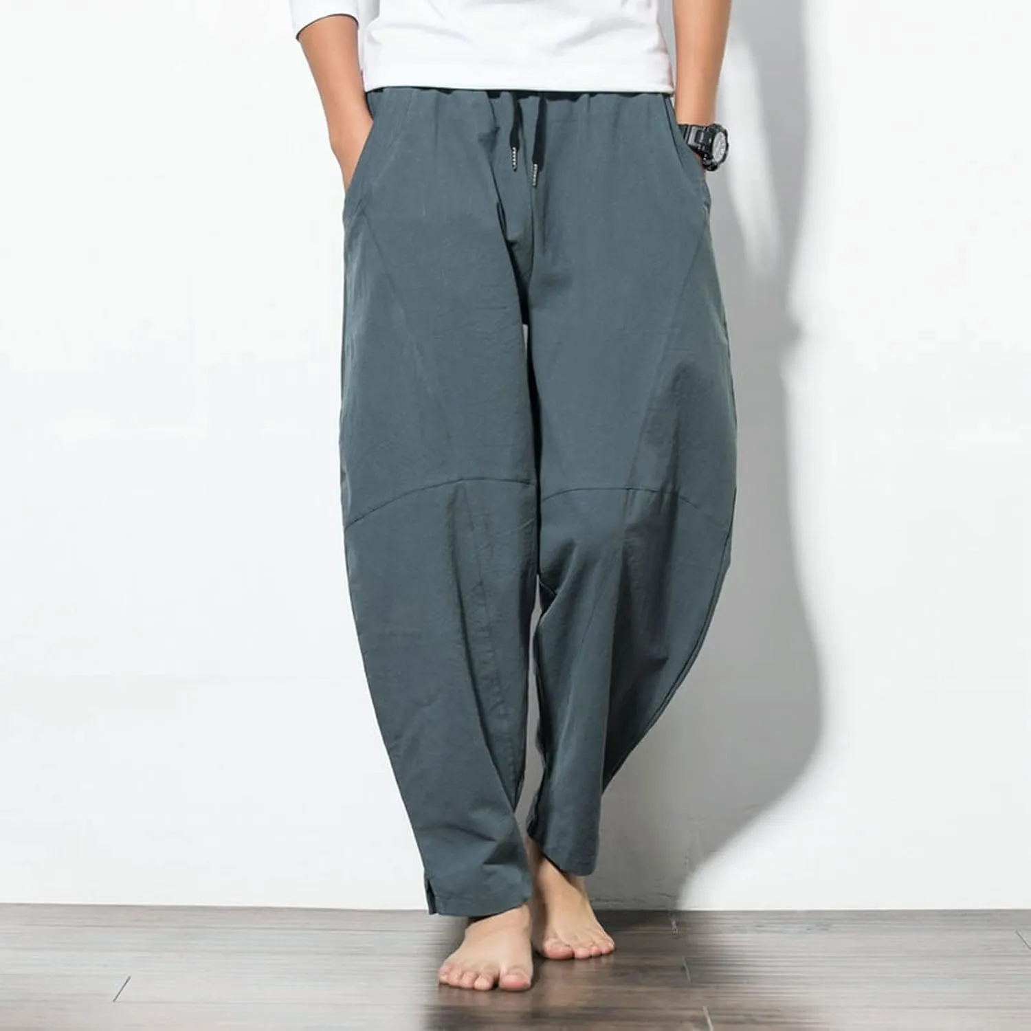 Men's Pants Harem Pants Mens Cotton Linen Loose Pants Male Casual Solid Color Pants Trousers Plus Size Sweatpants(Black,Small)
