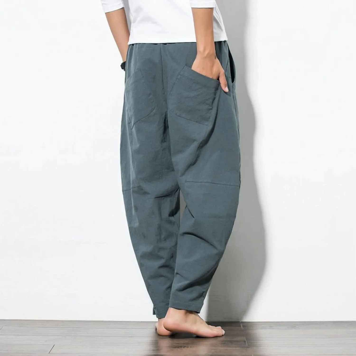 Men's Pants Harem Pants Mens Cotton Linen Loose Pants Male Casual Solid Color Pants Trousers Plus Size Sweatpants(Black,Small)
