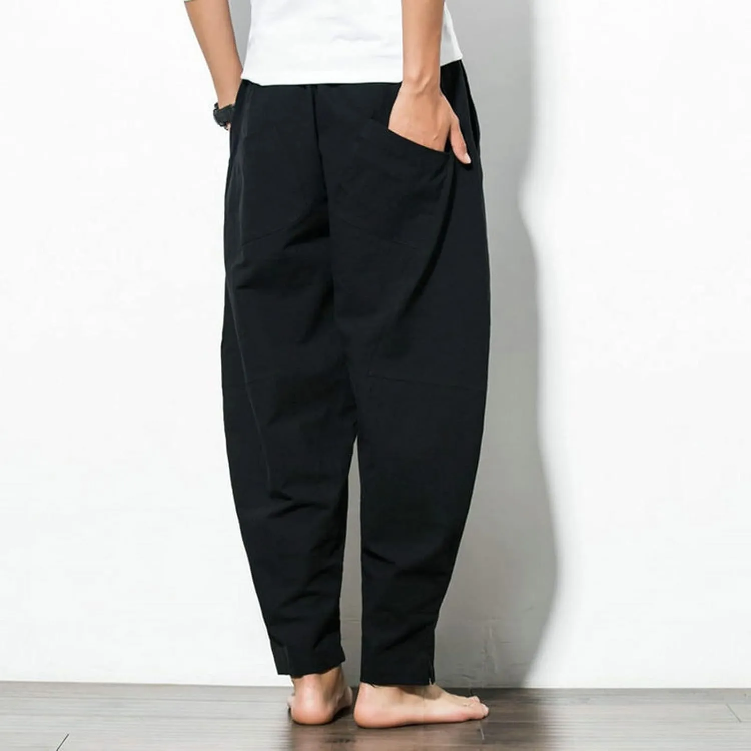 Men's Pants Harem Pants Mens Cotton Linen Loose Pants Male Casual Solid Color Pants Trousers Plus Size Sweatpants(Black,Small)