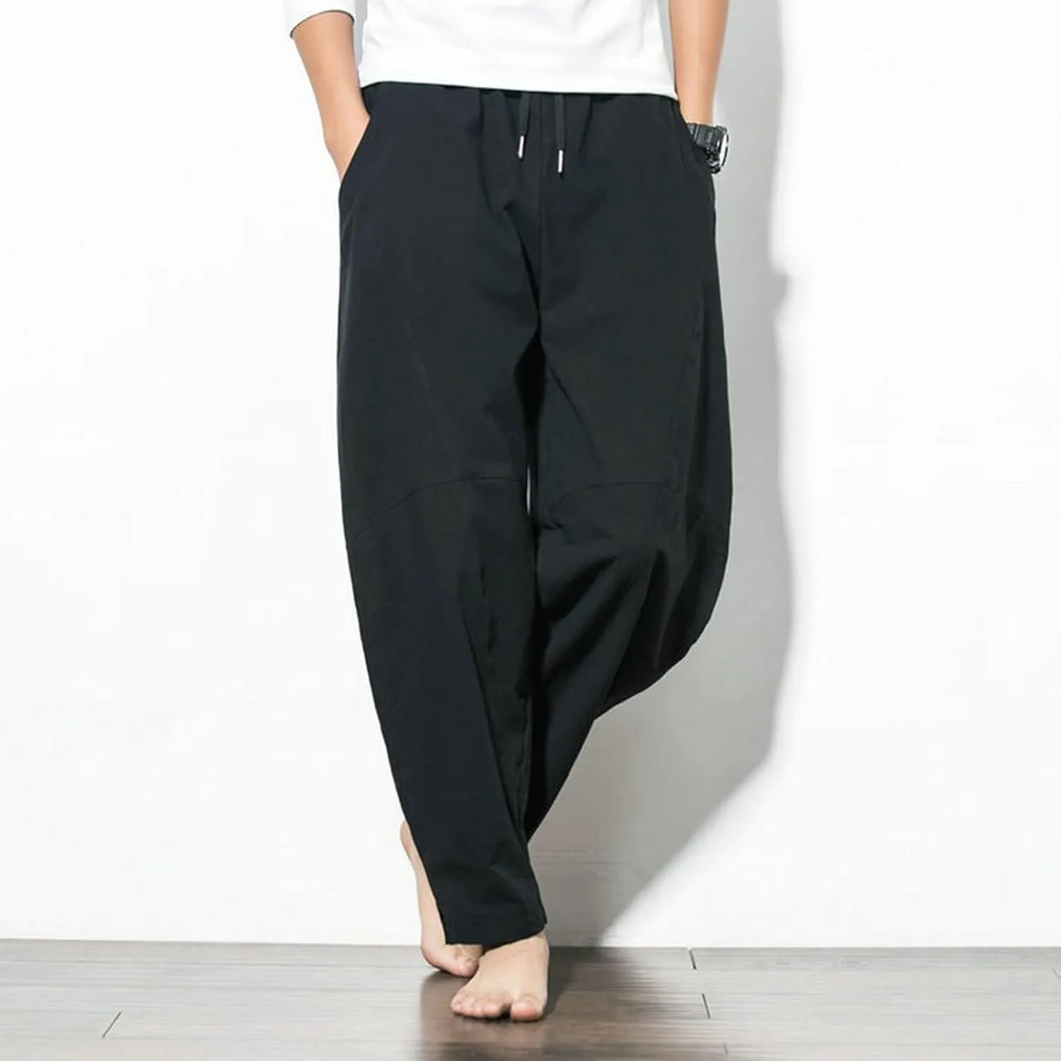 Men's Pants Harem Pants Mens Cotton Linen Loose Pants Male Casual Solid Color Pants Trousers Plus Size Sweatpants(Black,Small)