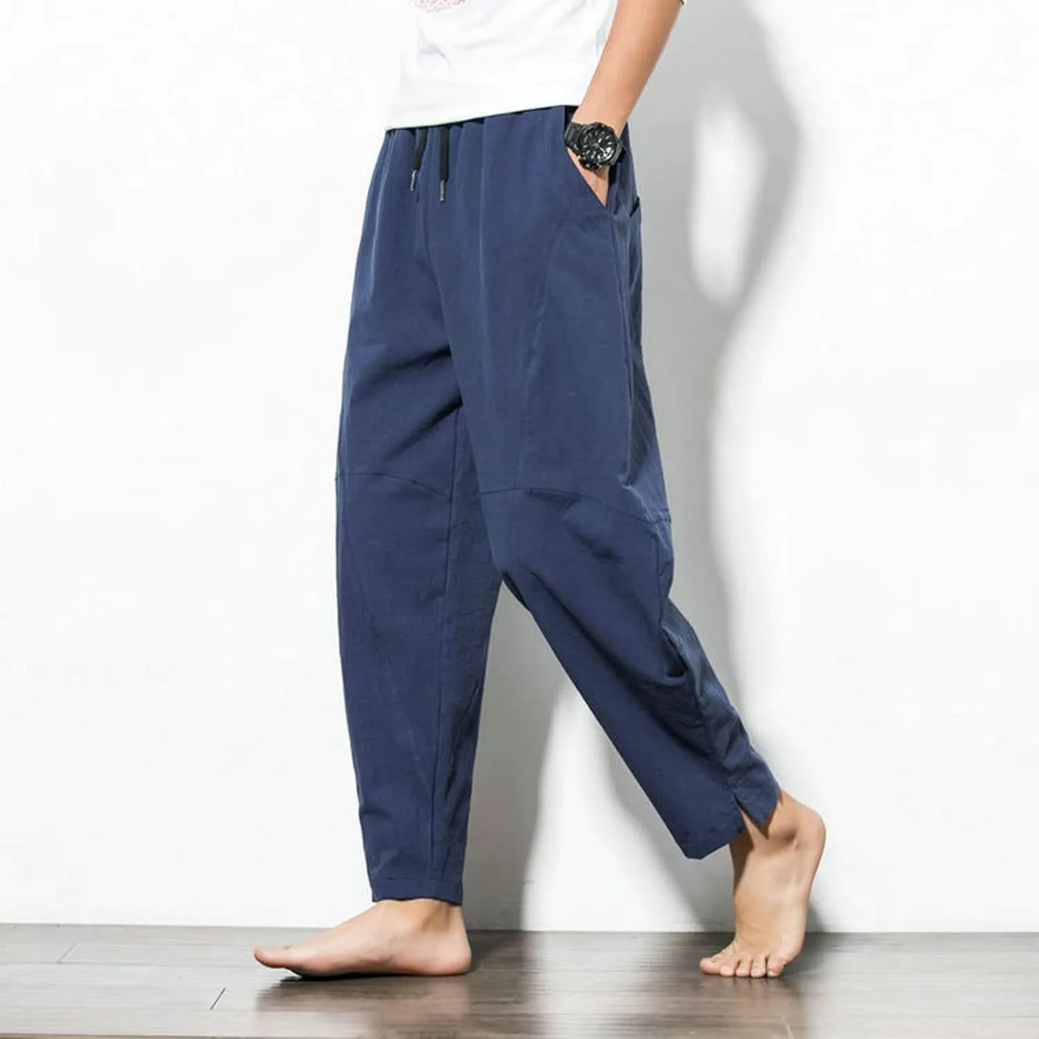 Men's Pants Harem Pants Mens Cotton Linen Loose Pants Male Casual Solid Color Pants Trousers Plus Size Sweatpants(Black,Small)