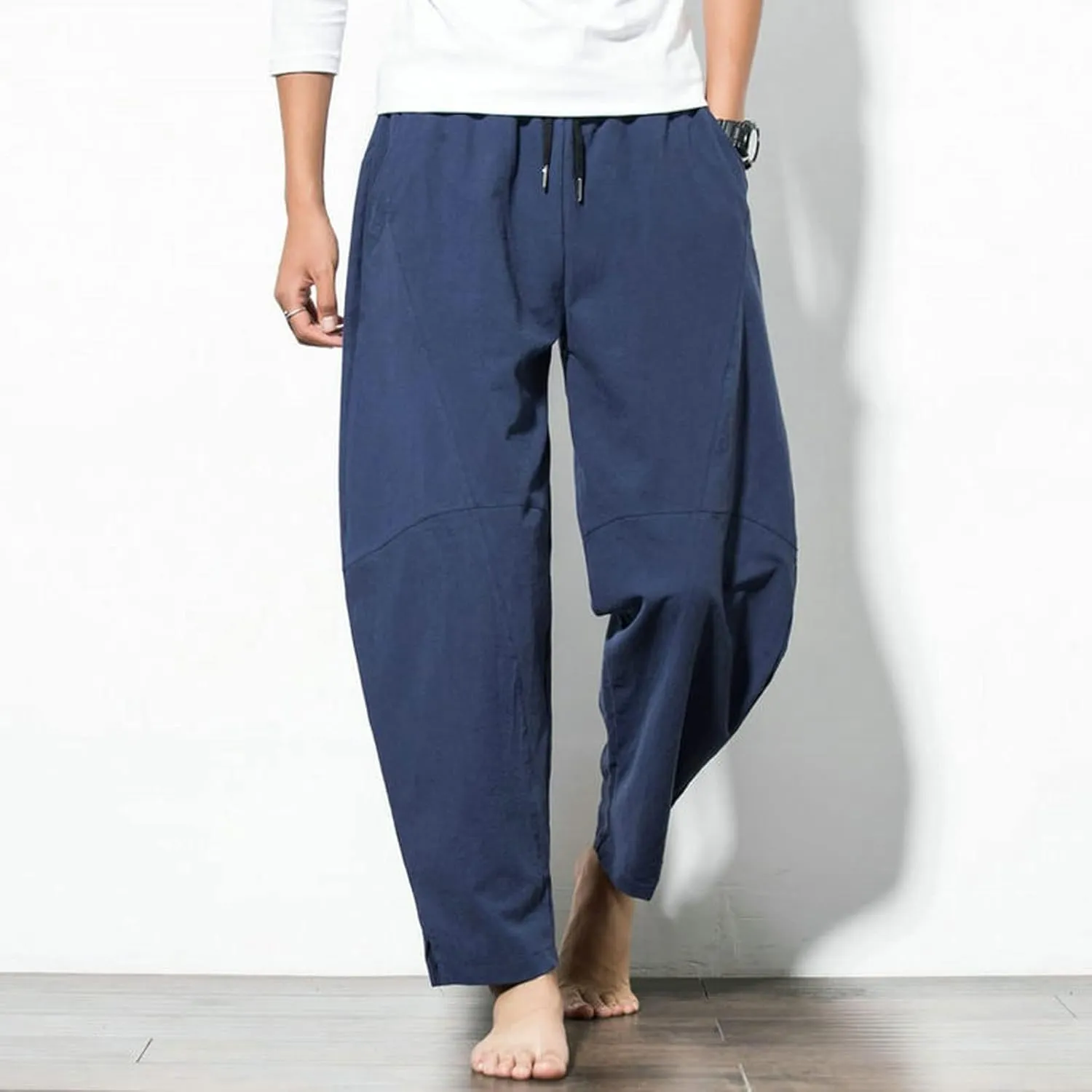 Men's Pants Harem Pants Mens Cotton Linen Loose Pants Male Casual Solid Color Pants Trousers Plus Size Sweatpants(Black,Small)
