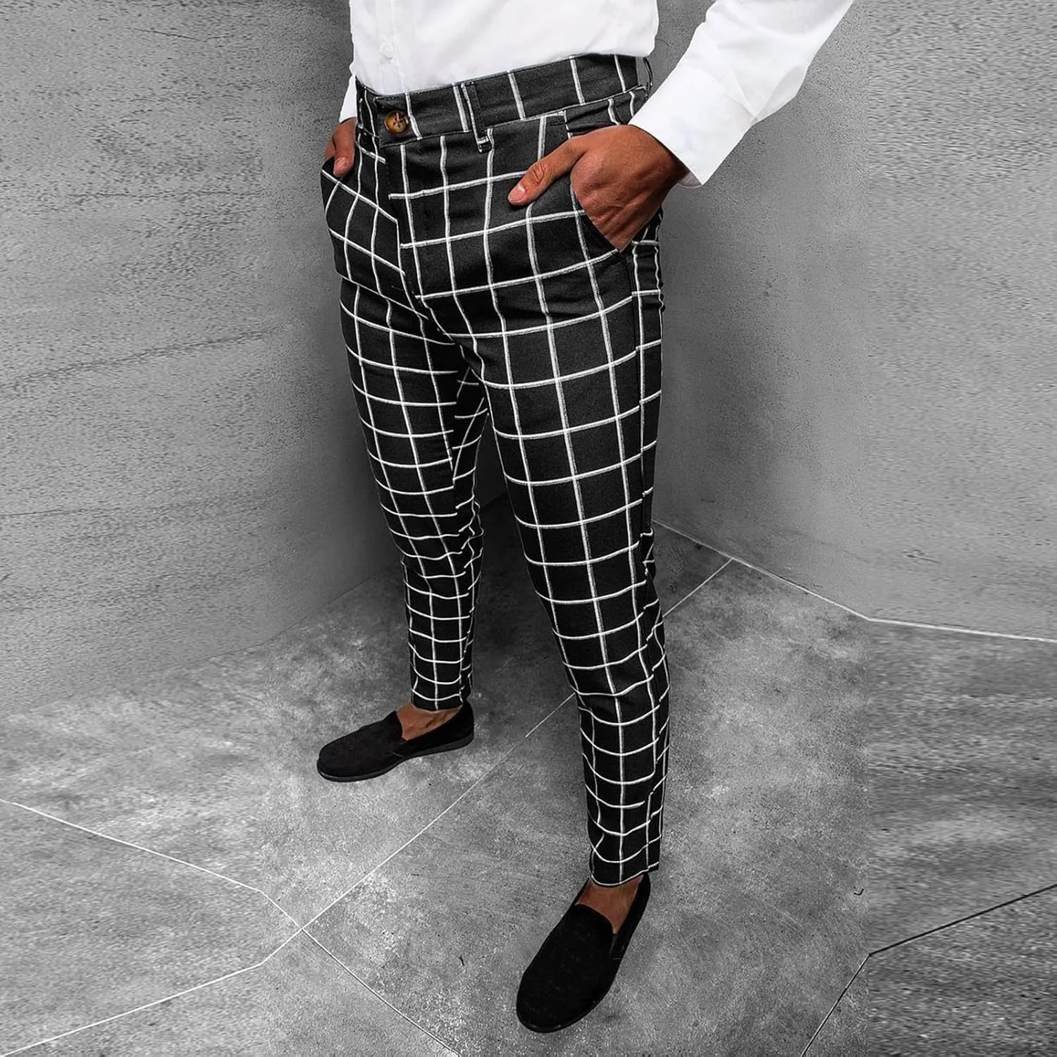 Men's Plaid Dress Pants Slim Fit Lightweight Business Work Trousers Zip Off Casual Strecth Golf Pencil Chinos with Pockets