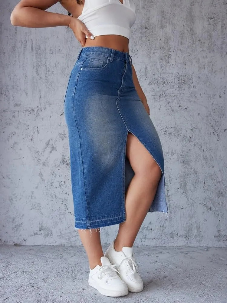 Midi Denim Skirts for Women High Waisted Slit Half Dress Casual Stretch Long Jean Skirt Plus Size Party Dressy