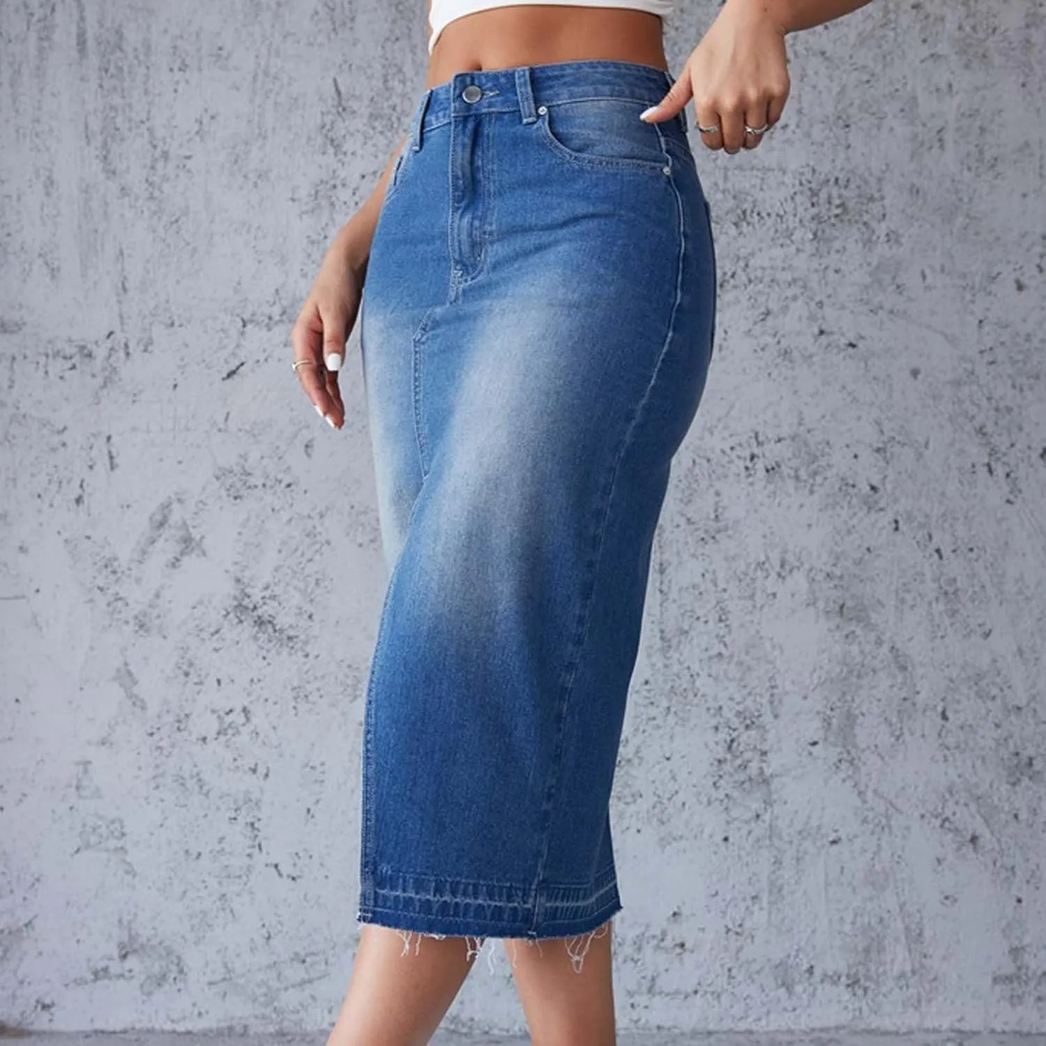 Midi Denim Skirts for Women High Waisted Slit Half Dress Casual Stretch Long Jean Skirt Plus Size Party Dressy