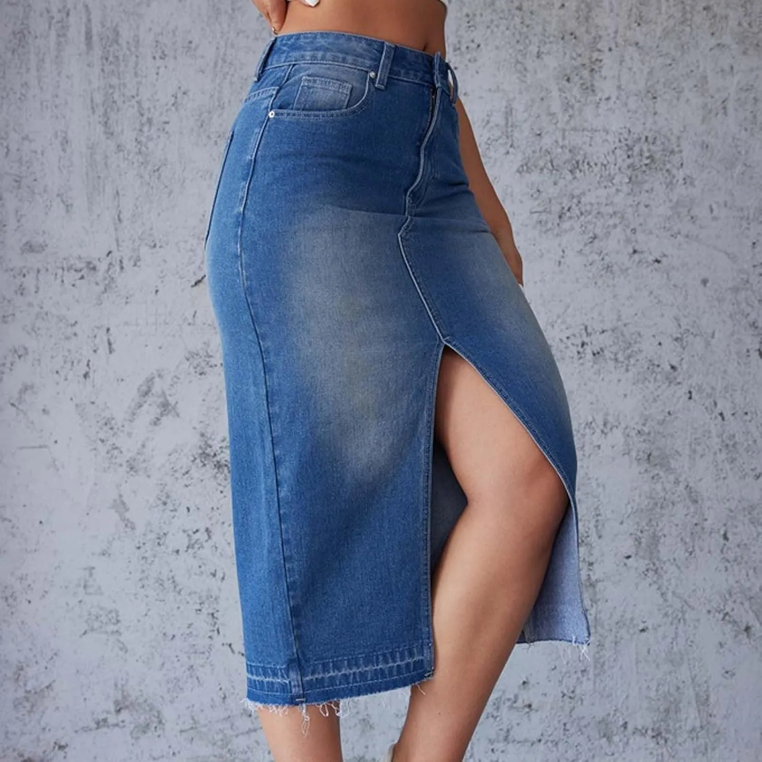 Midi Denim Skirts for Women High Waisted Slit Half Dress Casual Stretch Long Jean Skirt Plus Size Party Dressy