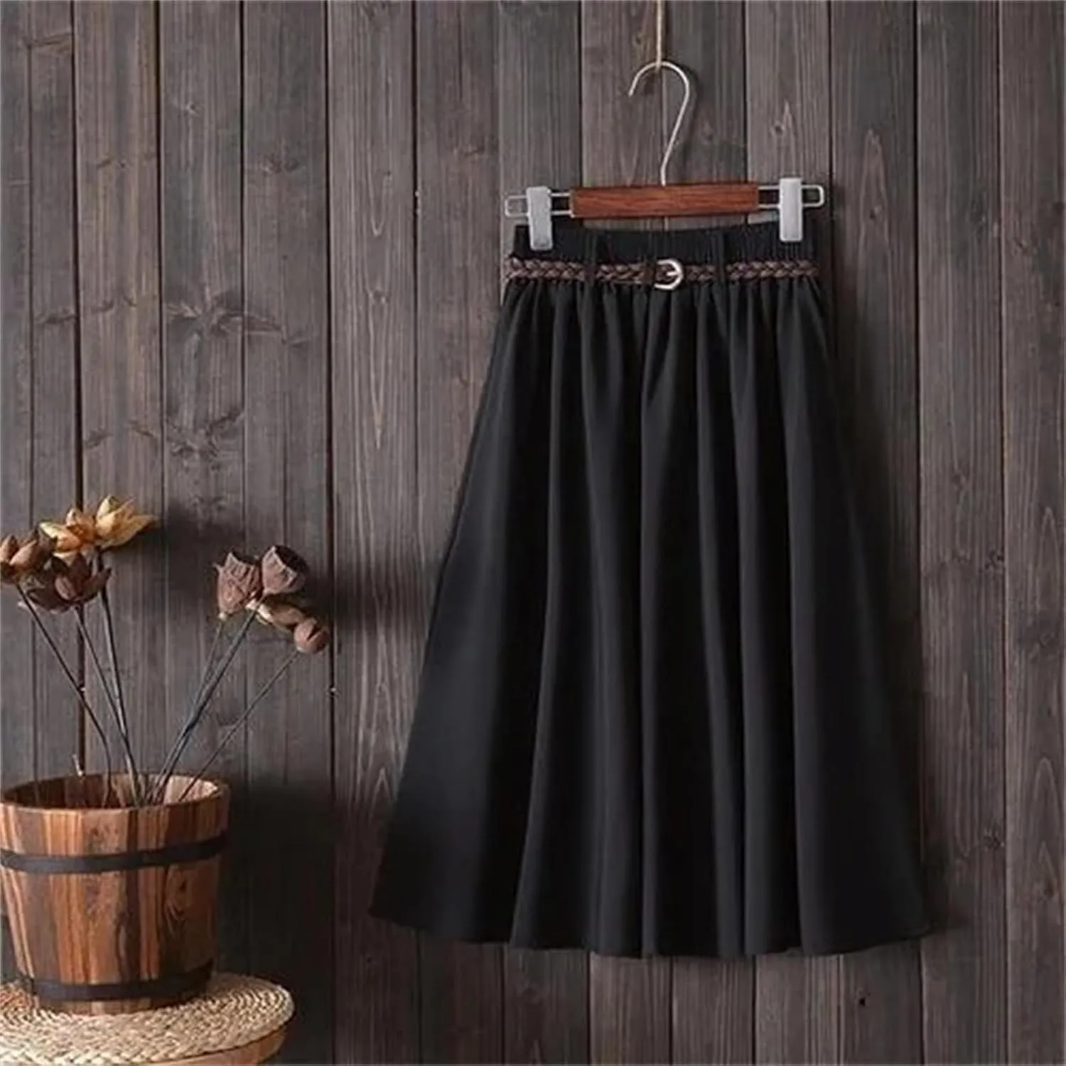 Midi Knee Length High Waist A-Line Pleated Skirt with Belt for Women Ladies