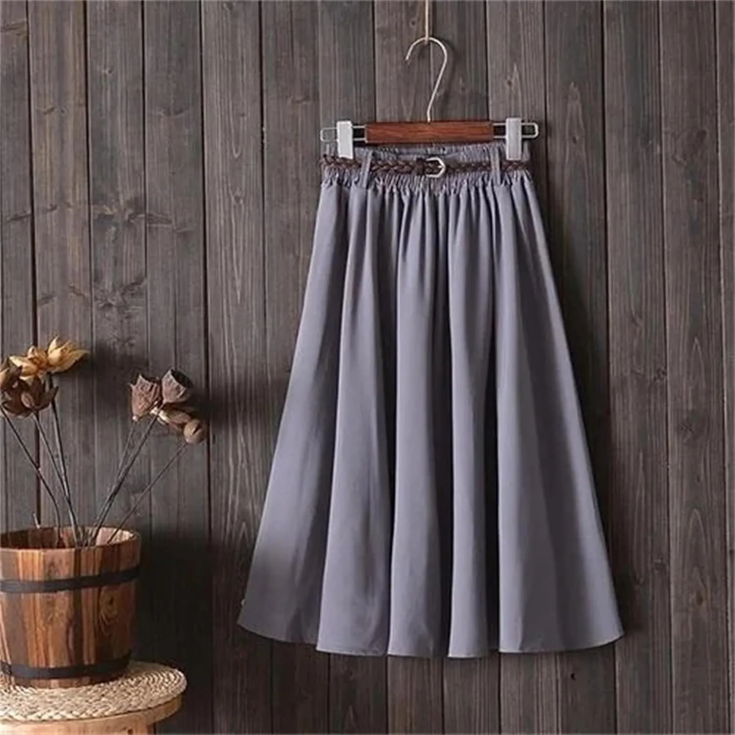 Midi Knee Length High Waist A-Line Pleated Skirt with Belt for Women Ladies