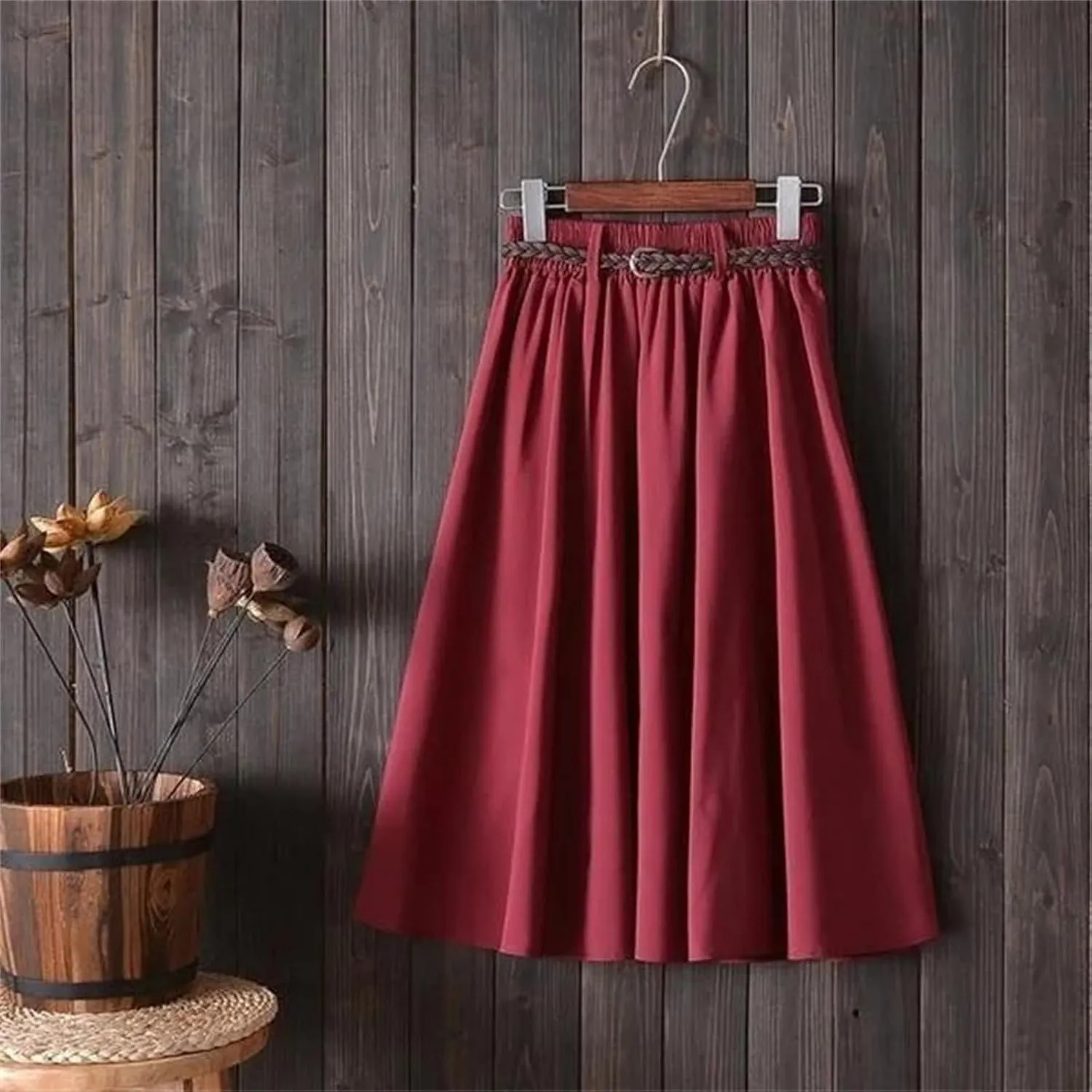 Midi Knee Length High Waist A-Line Pleated Skirt with Belt for Women Ladies