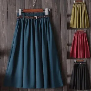 Midi Knee Length High Waist A-Line Pleated Skirt with Belt for Women Ladies