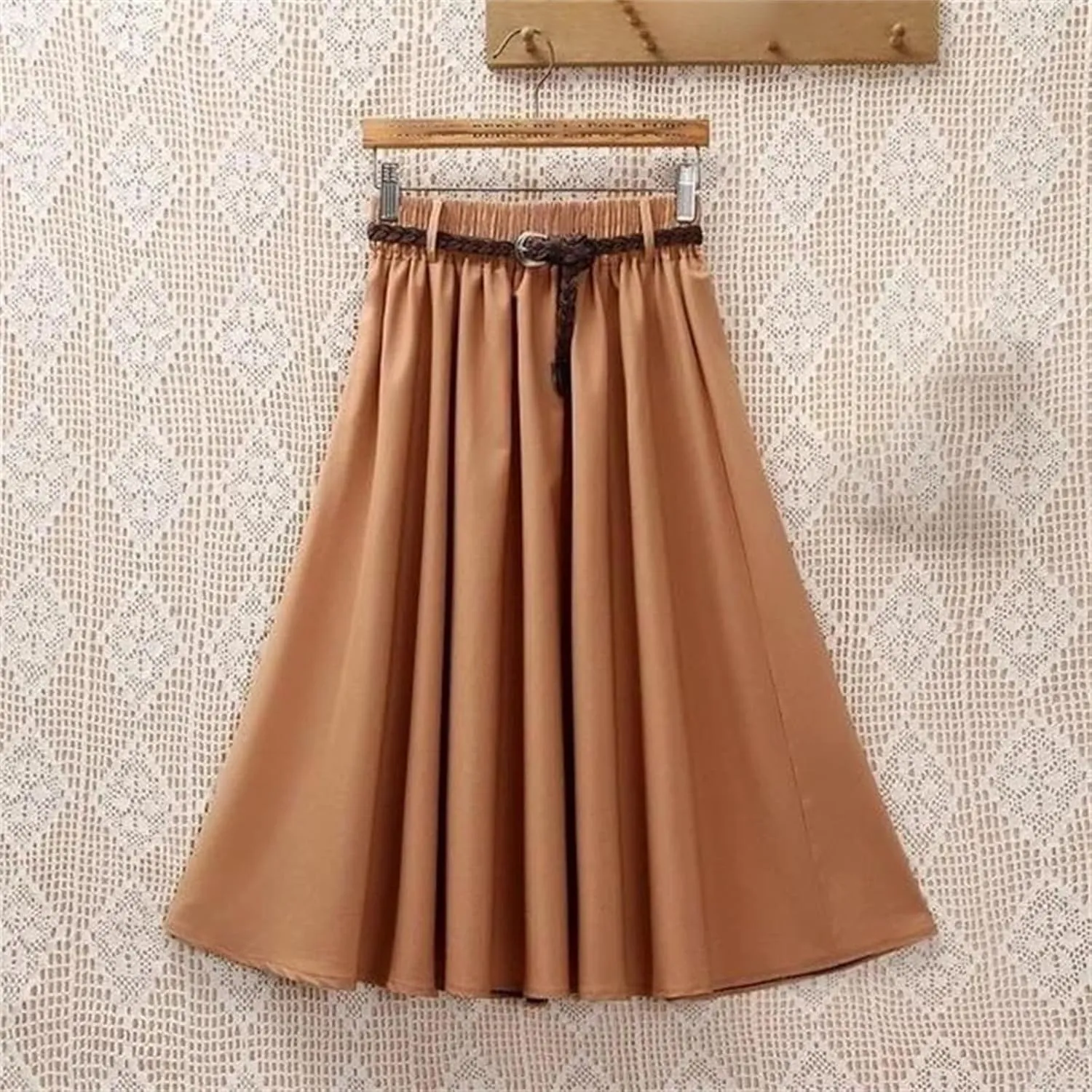 Midi Knee Length High Waist A-Line Pleated Skirt with Belt for Women Ladies