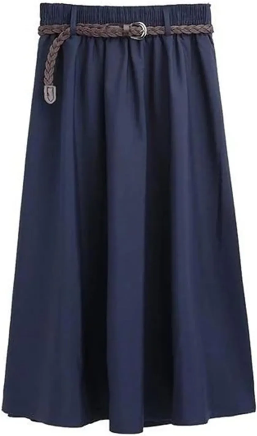 Midi Knee Length High Waist A-Line Pleated Skirt with Belt for Women Ladies