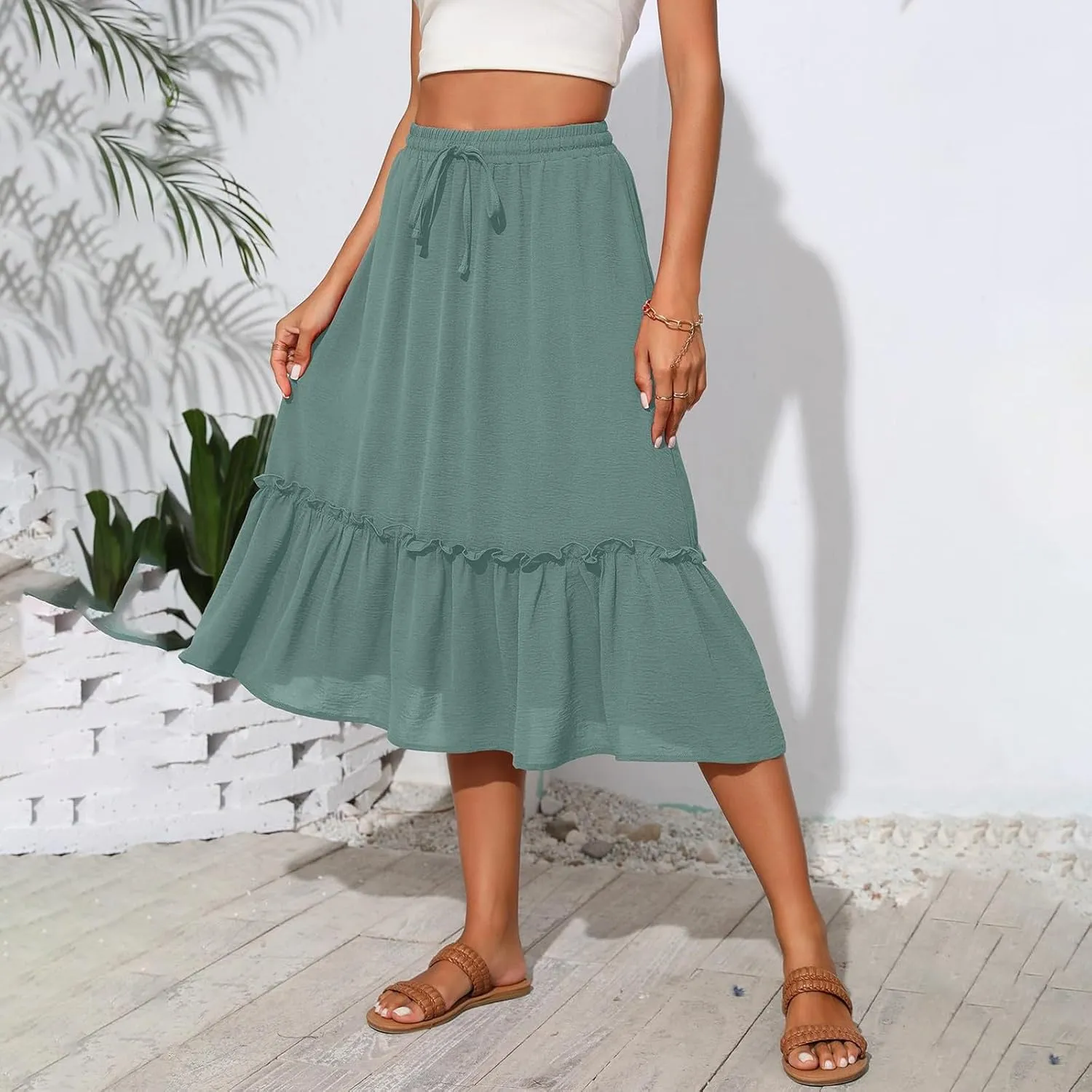 Midi Skirts for Women,2025 Summer Trendy Floral Print High Elastic Boho Skirts,Flowy Ruched Tiered Swing Beach Dress