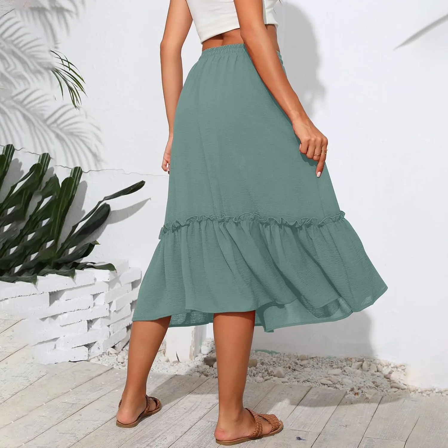 Midi Skirts for Women,2025 Summer Trendy Floral Print High Elastic Boho Skirts,Flowy Ruched Tiered Swing Beach Dress