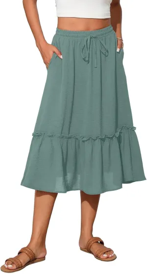 Midi Skirts for Women,2025 Summer Trendy Floral Print High Elastic Boho Skirts,Flowy Ruched Tiered Swing Beach Dress