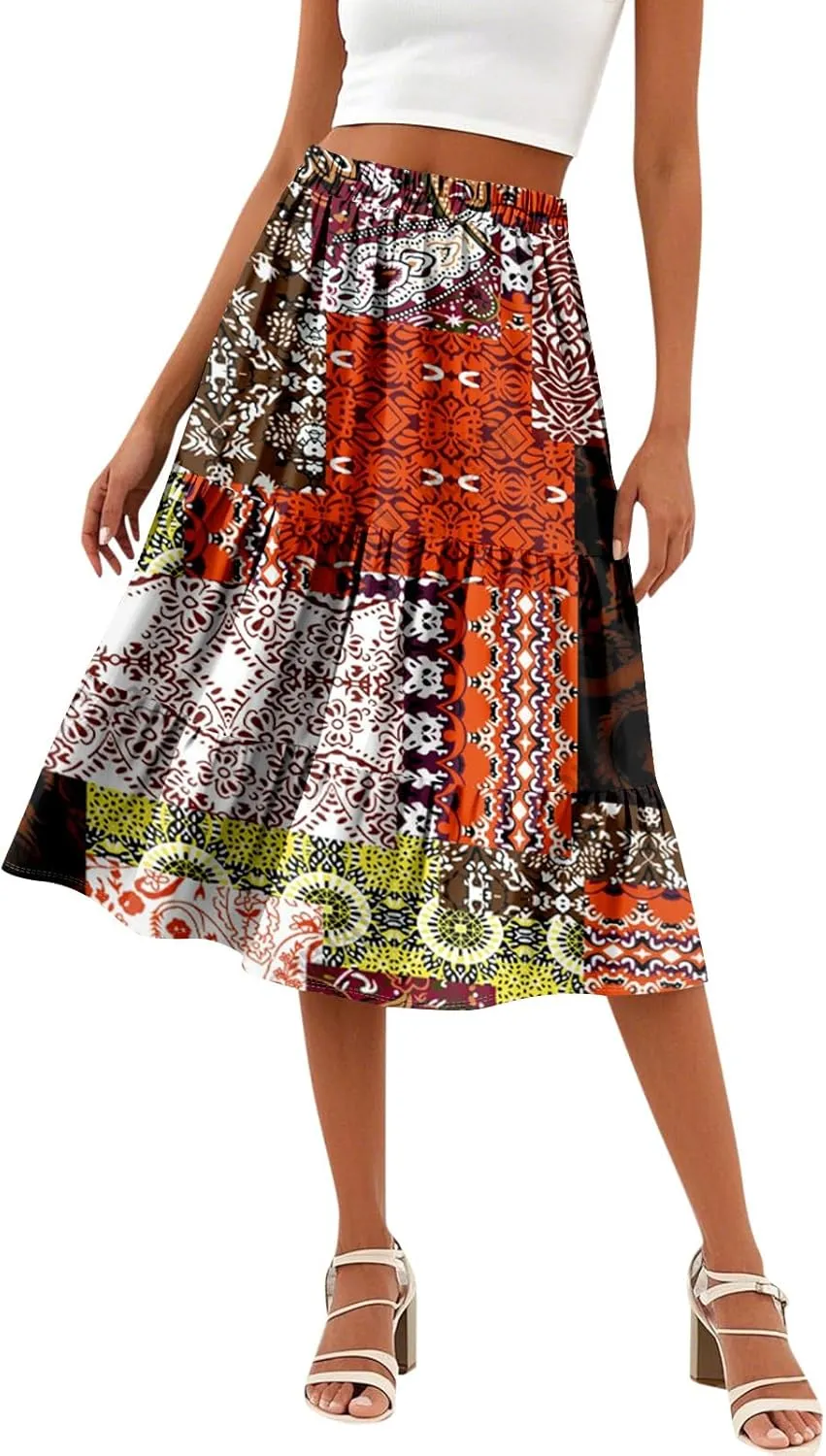midi Tiered Skirts for Women Summer Boho Floral Long Ruffle Flowy high Elastic Waist a line Skirts Vacation Skort