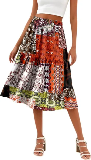 midi Tiered Skirts for Women Summer Boho Floral Long Ruffle Flowy high Elastic Waist a line Skirts Vacation Skort