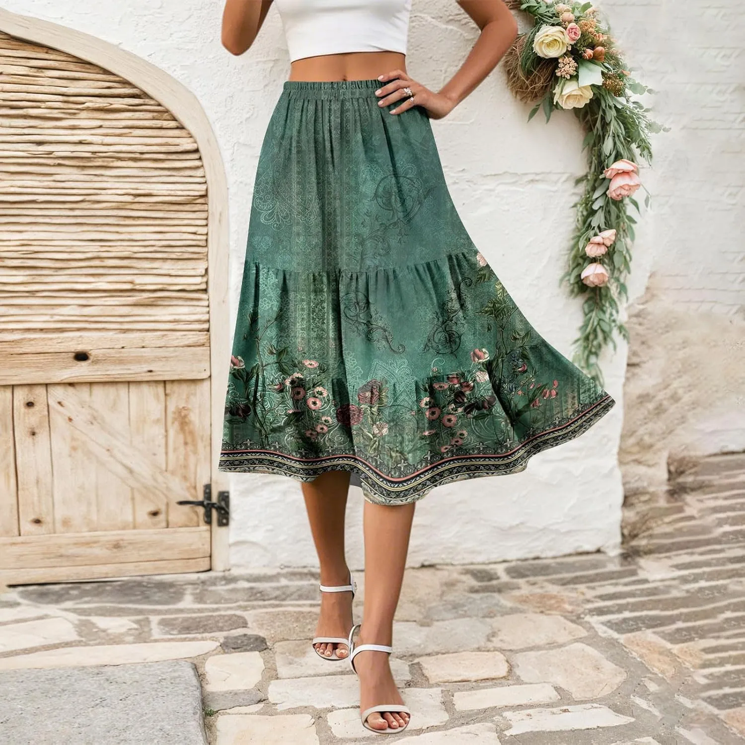 midi Tiered Skirts for Women Summer Boho Floral Long Ruffle Flowy high Elastic Waist a line Skirts Vacation Skort