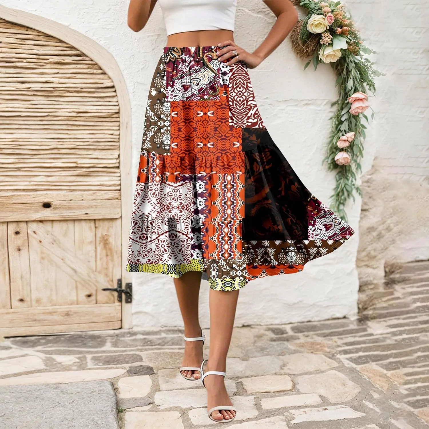 midi Tiered Skirts for Women Summer Boho Floral Long Ruffle Flowy high Elastic Waist a line Skirts Vacation Skort